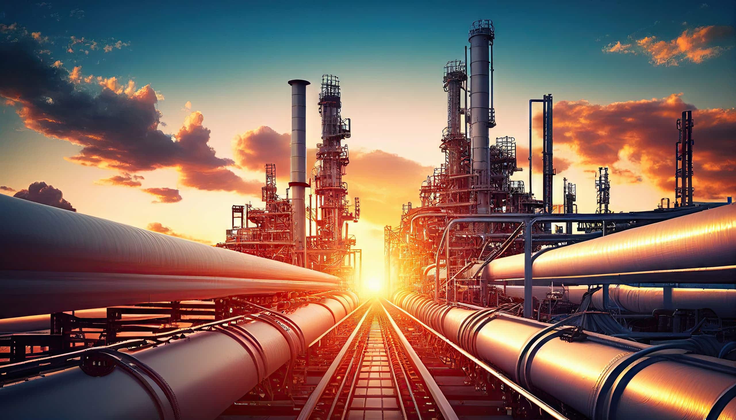 Petrochemische Anlage mit Kolonnen und Rohrleitungen im Abendlicht